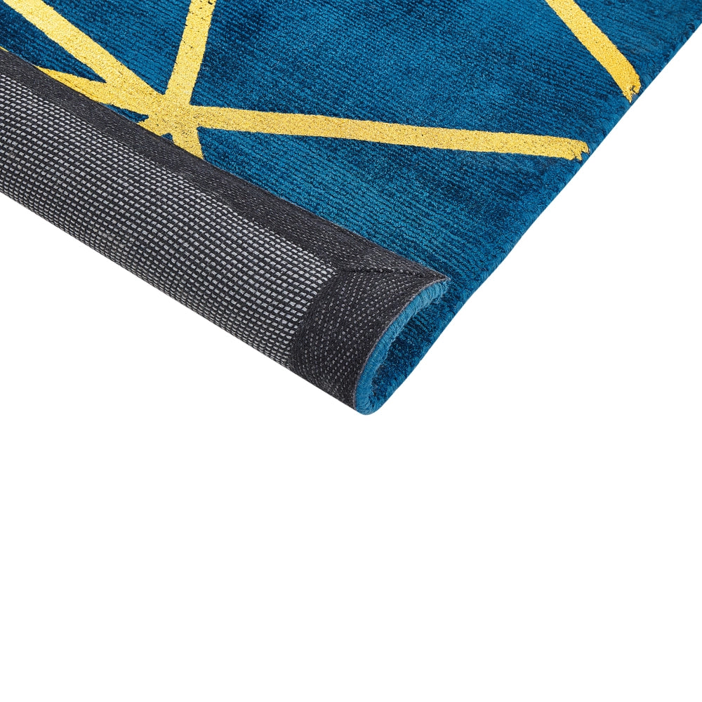 Tappeto Blu con Motivo Geometrico dorato Viscosa e Cotone 80 x 150 cm Intrecciato a Mano Stile Glam Moderno