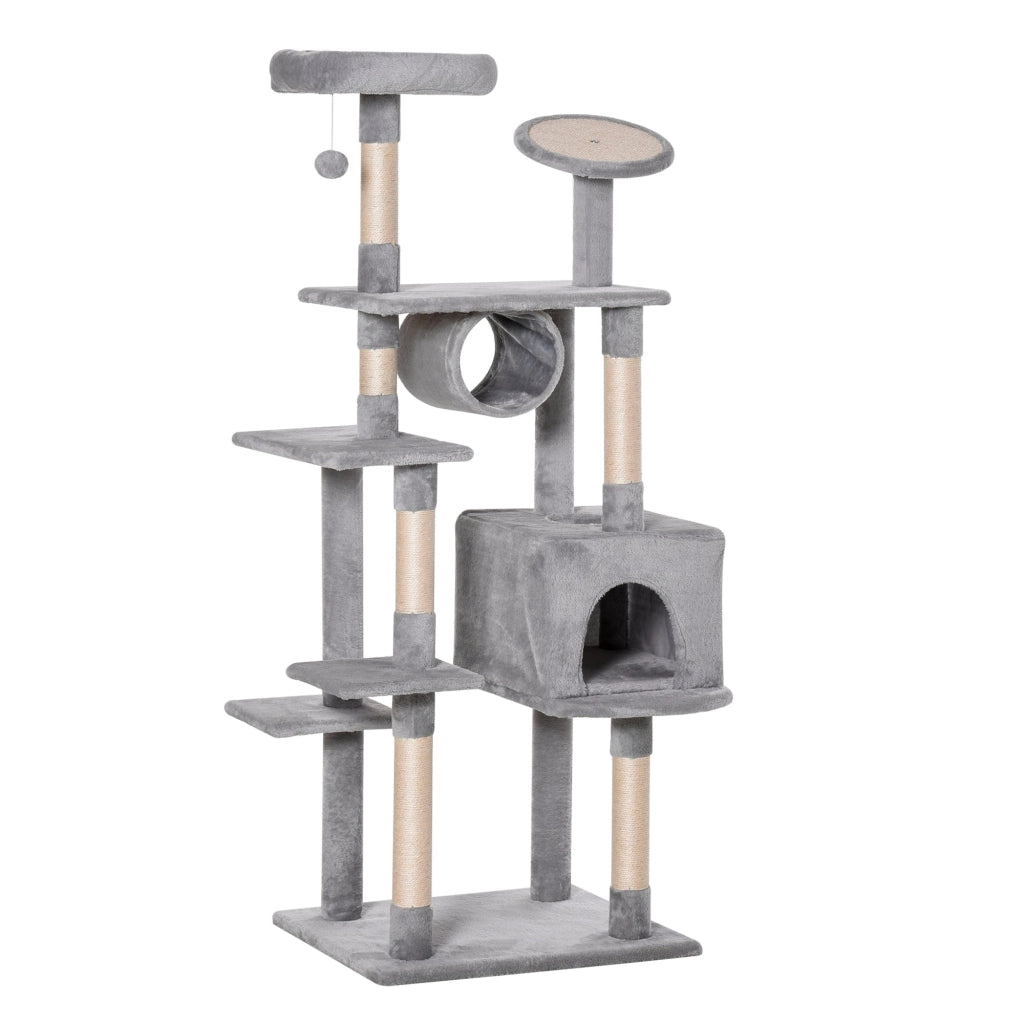 Albero Tiragraffi per Gatti 60x50x165 cm in Peluche e Corda Sisal Grigio e Beige