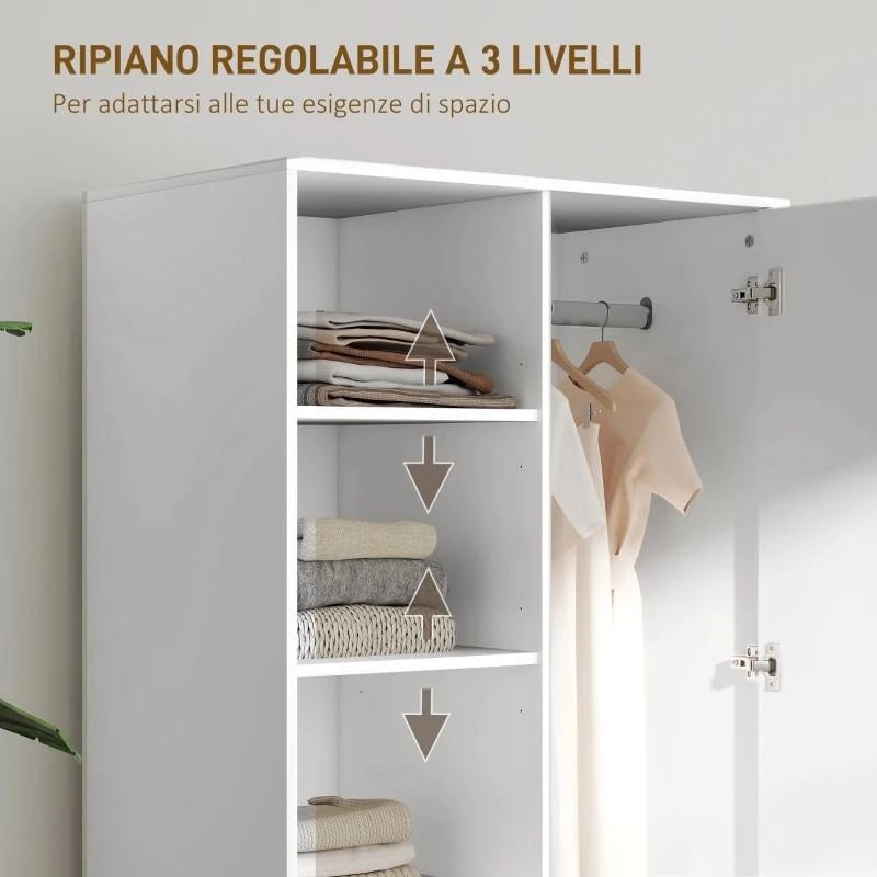 ARMADIO MODERNO CON 2 CASSETTI, RIPIANI APERTI E VANO APPENDIABITI, 80X50X124 CM, BIANCO