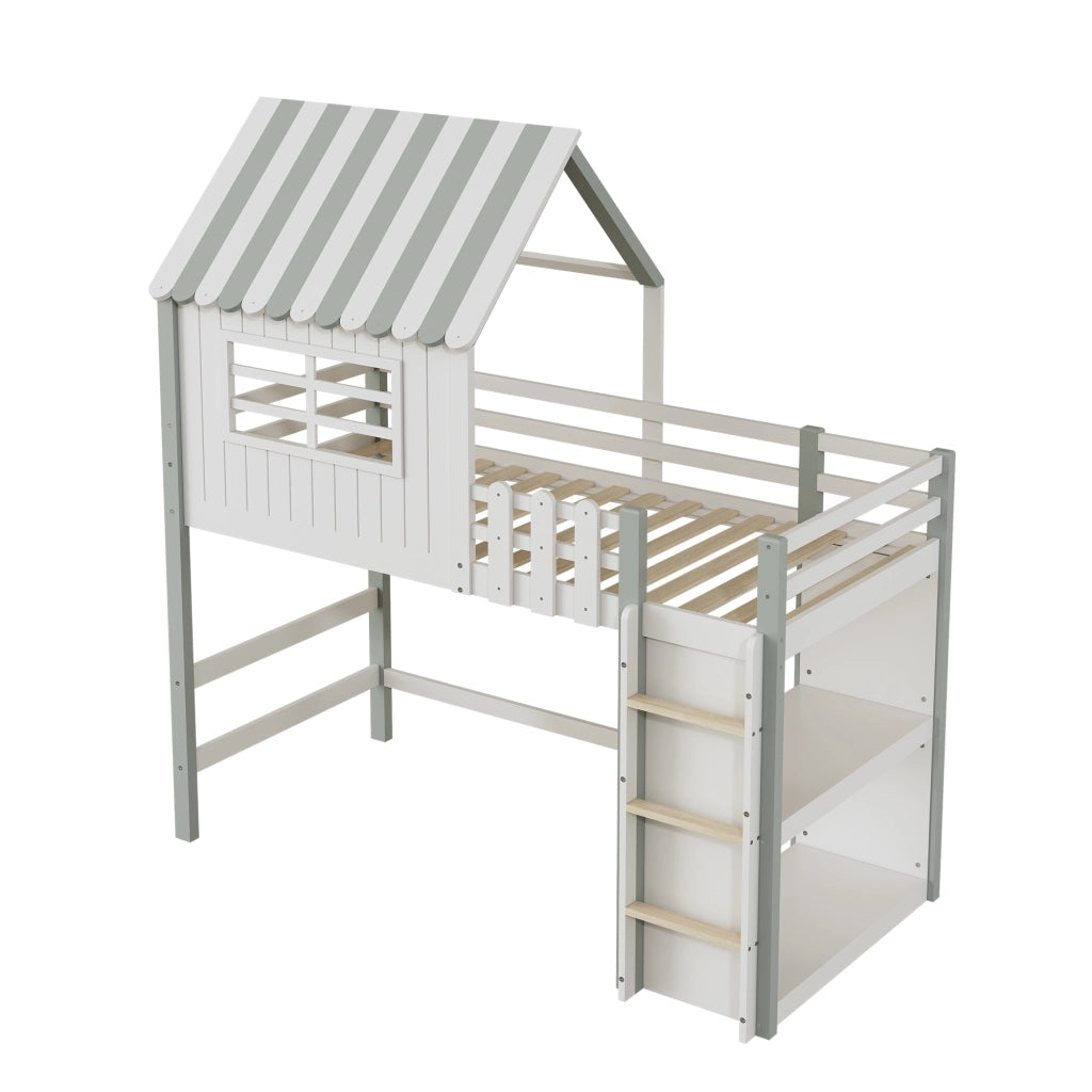 OKWISH Letto a Casetta 90×200 cm, Letto Singolo con Scala di Sicurezza, Contenitore e Sponda 30 cm, senza Materasso, Verde