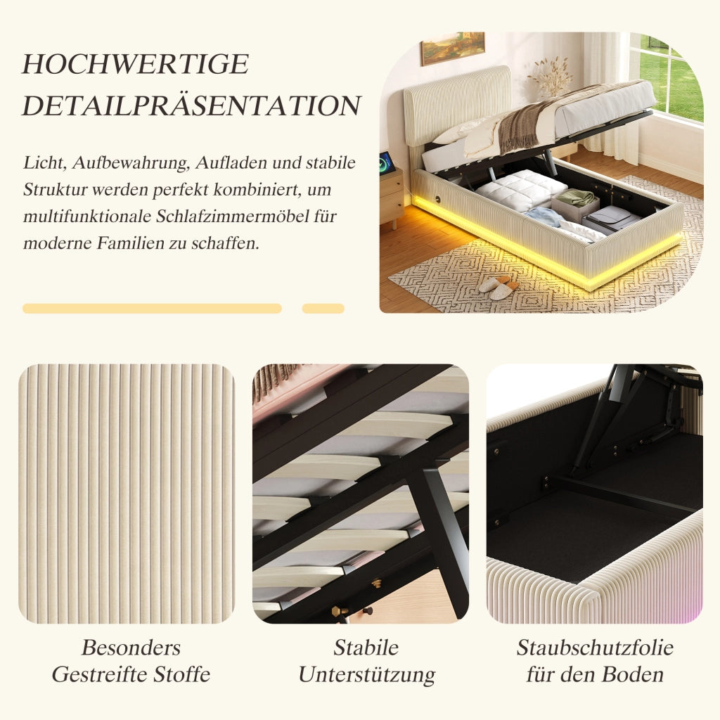 Letto imbottito con LED USB regolabile 90x200 cm velluto a coste beige