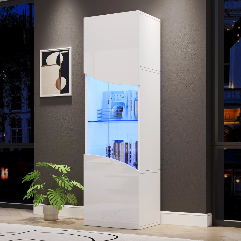 Vetrina con LED e 4 ripiani per soggiorno in truciolare e vetro temperato bianco 35 × 50 × 165 cm