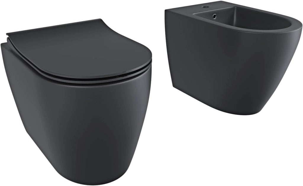 Coppia Sanitari Vaso WC Filomuro Filo Muro Rimless Tornado Flush Senza Brida Bidet Design Moderno Ceramica Copriwater Soft Close Nero Opaco
