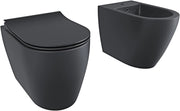 Coppia Sanitari Vaso WC Filomuro Filo Muro Rimless Tornado Flush Senza Brida Bidet Design Moderno Ceramica Copriwater Soft Close Nero Opaco