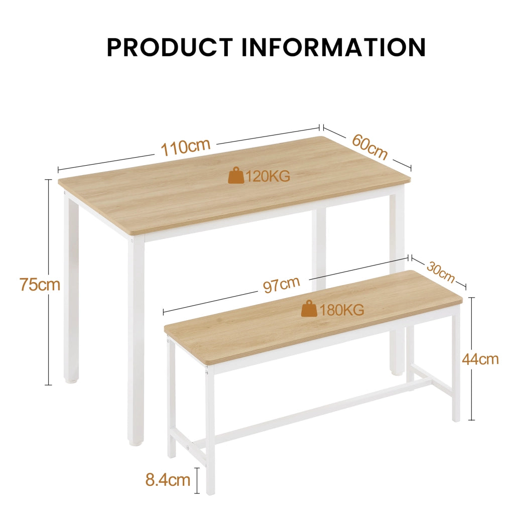 Tavolo da pranzo per 4 persone con 2 panche, stile industriale, per cucina, in truciolare e acciaio, naturale e bianco, 110 × 60 × 75 cm