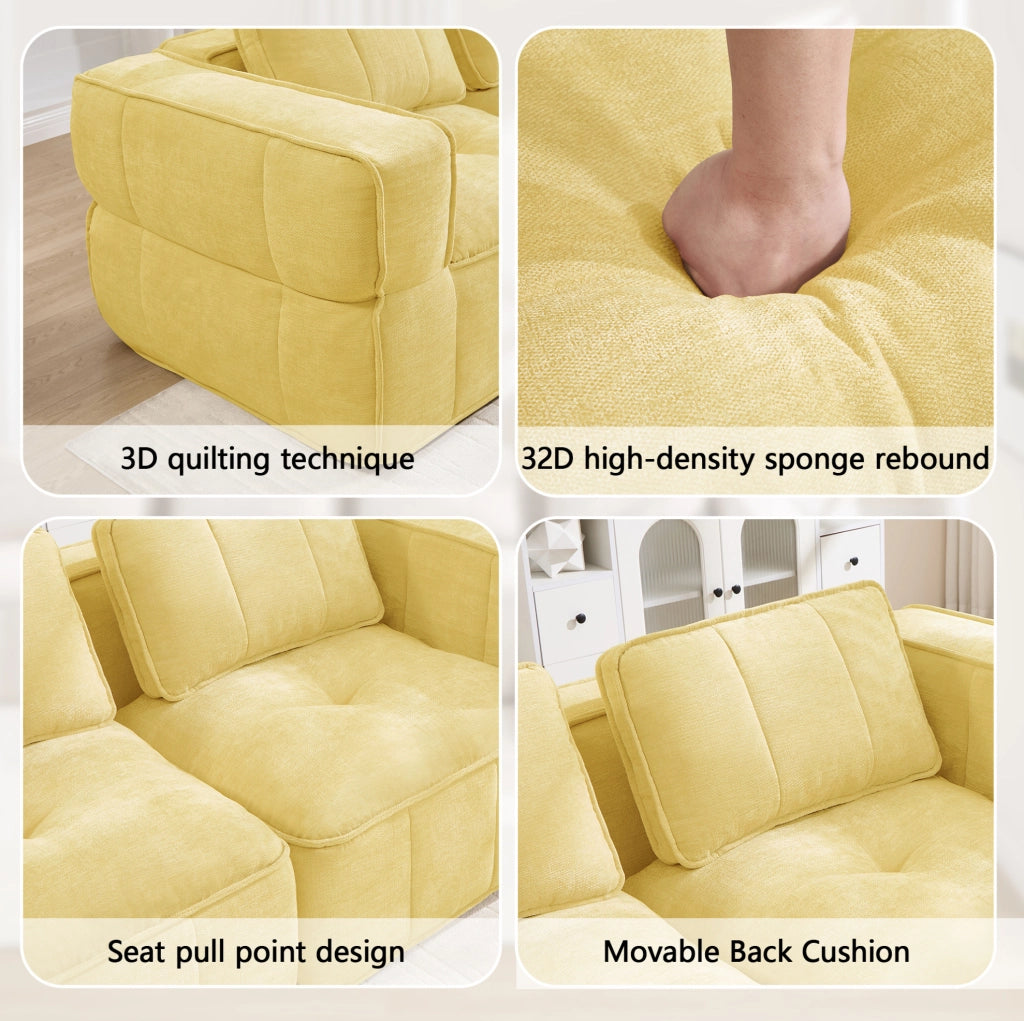 Divano modulare angolare 3 posti con pouf; seduta profonda in poliestere giallo 271x162x67 cm