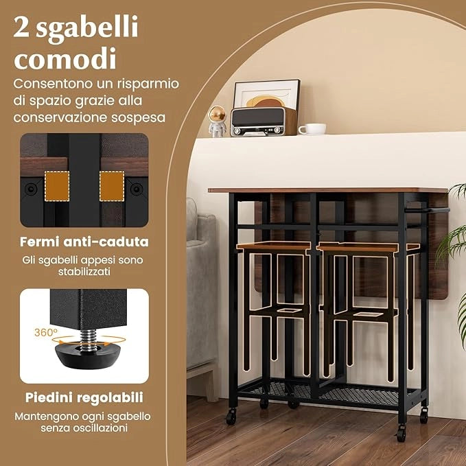 Set Tavolo da Pranzo Pieghevole 3 Pezzi, Tavolo da Cucina Estendibile con 2 Sgabelli, Set Tavolo da Pranzo con Ruote e Portabottiglie da 6 Posti, Ripiani e Maniglia Laterale(Marrone)