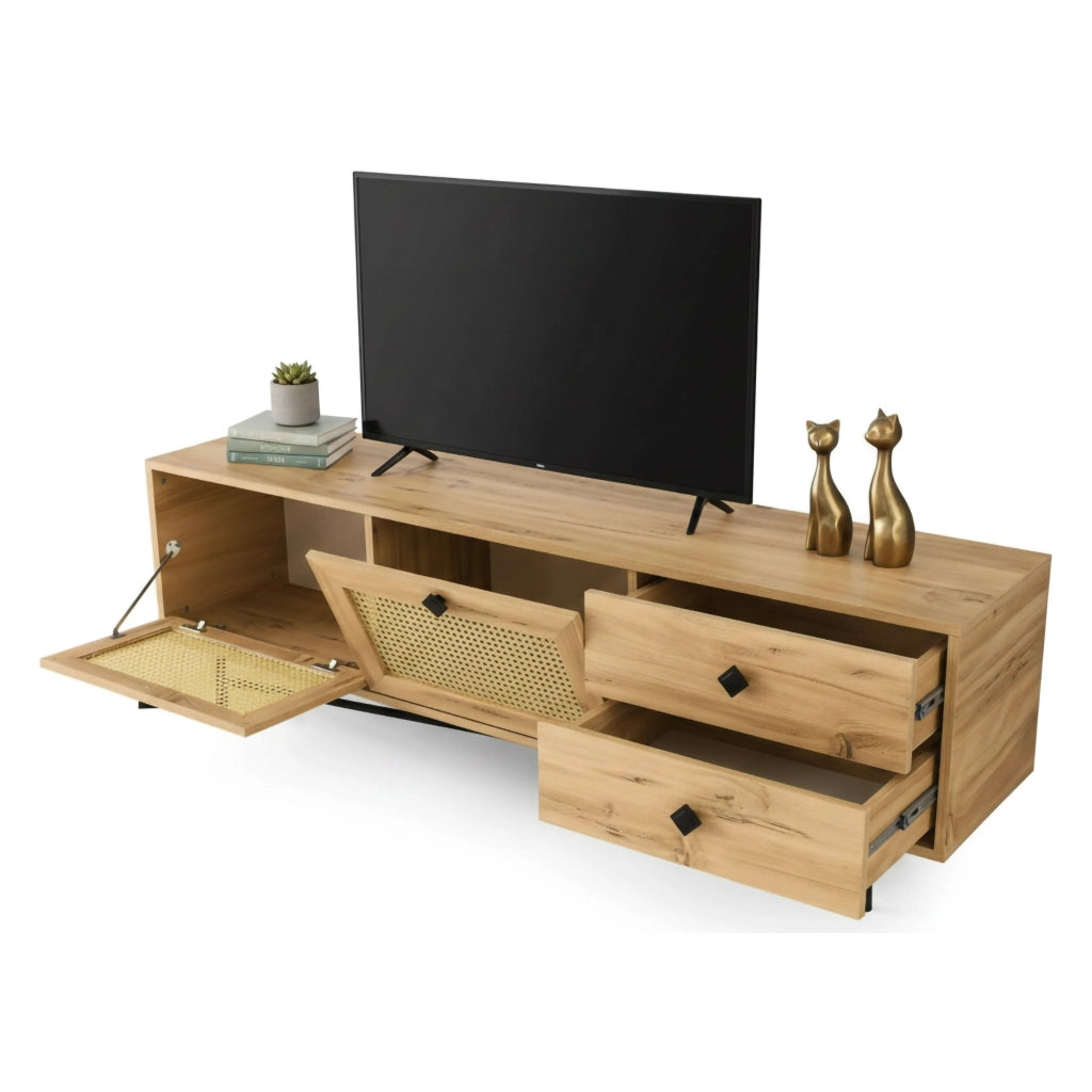Mobile porta TV Apollinare, Credenza da soggiorno, Armadio basso per TV, Base parete attrezzata, 180x40h60 cm, Quercia e Nero