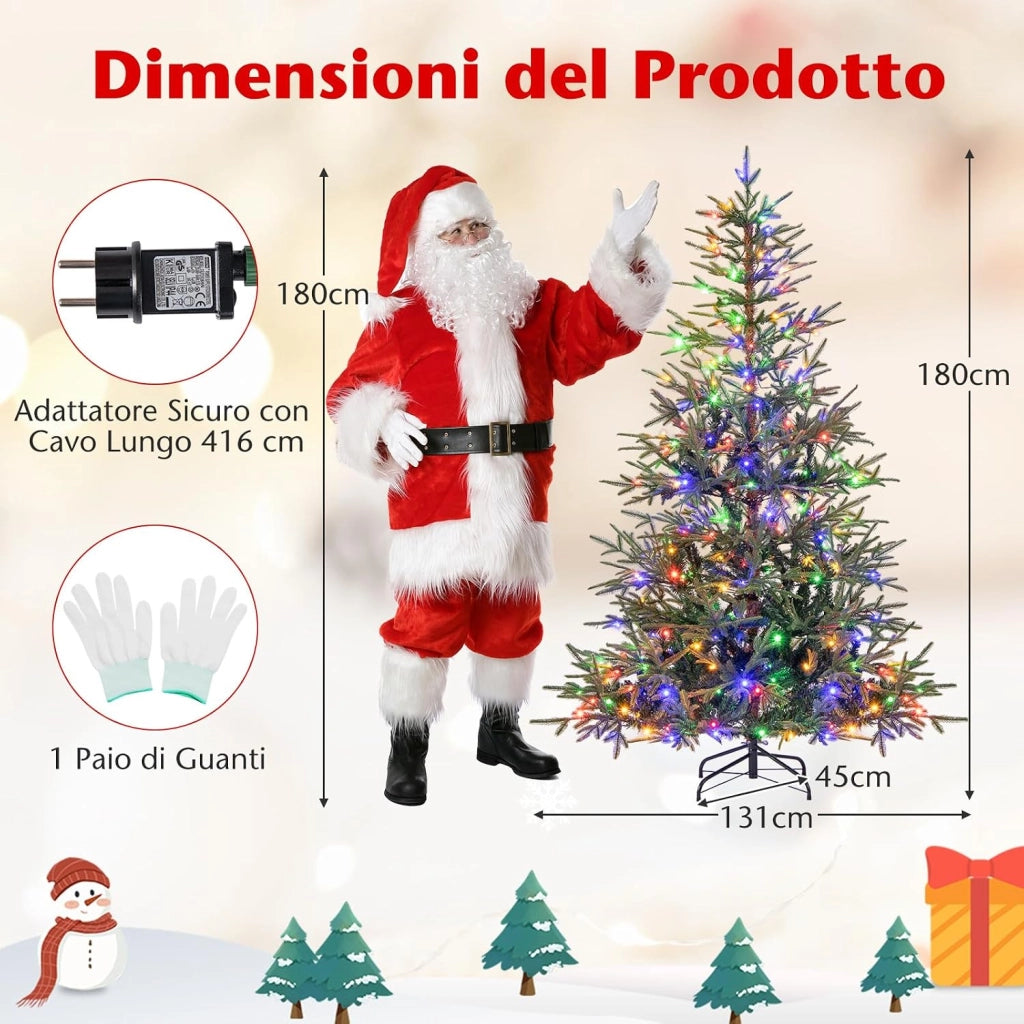 Albero di Natale Artificiale Pre-illuminato 180 cm, Albero di Natale con 250 Luci LED Calde e Multicolori, 11 Modalità, 530 Rami PVC e PE, Base Metallica Pieghevole (180 cm)