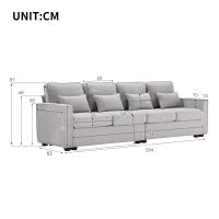 Divano Moderno a 4 Posti in Tessuto di Lino con Tasche sui Braccioli e 4 Cuscini Lombari, Adatto per Soggiorno e Ufficio, 264x83x87 cm, Grigio