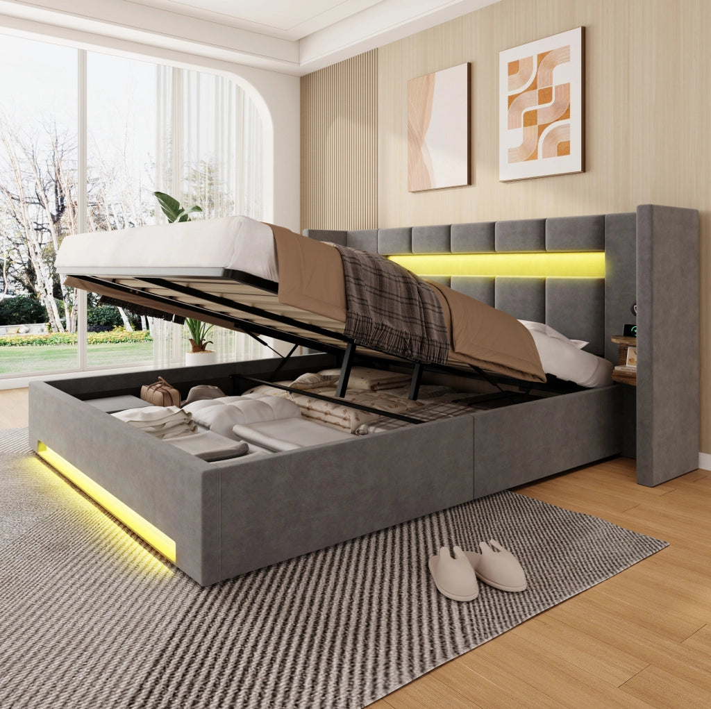 Letto matrimoniale 160x200 cm con contenitore idraulico; LED e USB in velluto grigio scuro