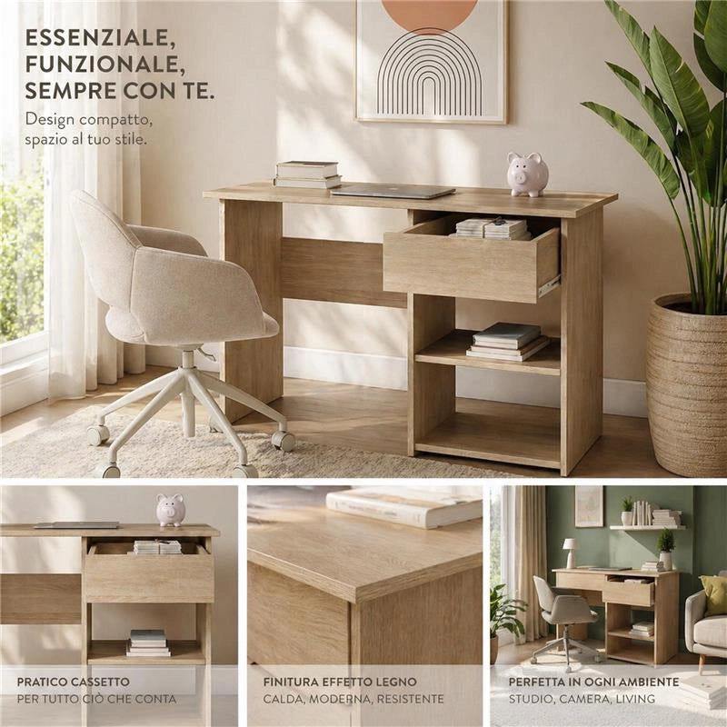 SCRIVANIA PER UFFICIO O CAMERA IN MDF ROVERE CON CASSETTO E RIPIANI MISURE 88X45X75 CM