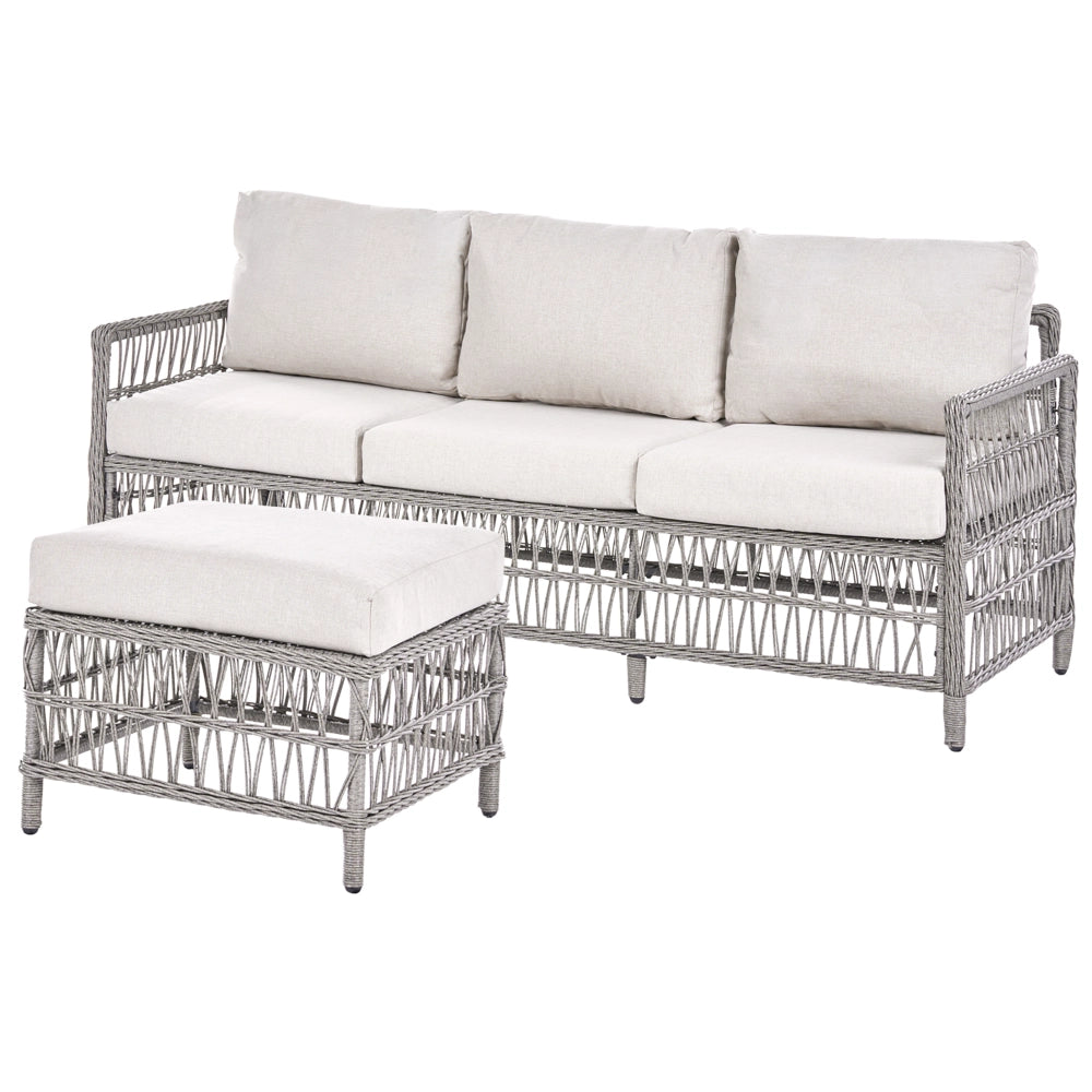 Divano da giardino angolare con pouf in rattan PE grigio a 3 posti divano da esterno in vimini intrecciato stile tradizionale