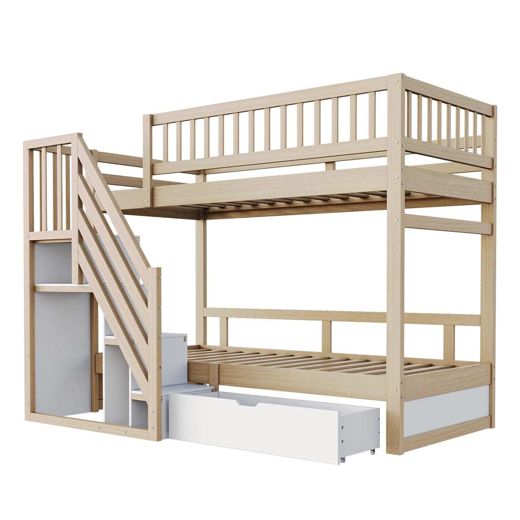 OKWISH Letto a Castello 90×200 cm, Letto 2 Posti con Scala Contenitore, 1 Cassetto e Sponde Alte, senza Materasso, Legno