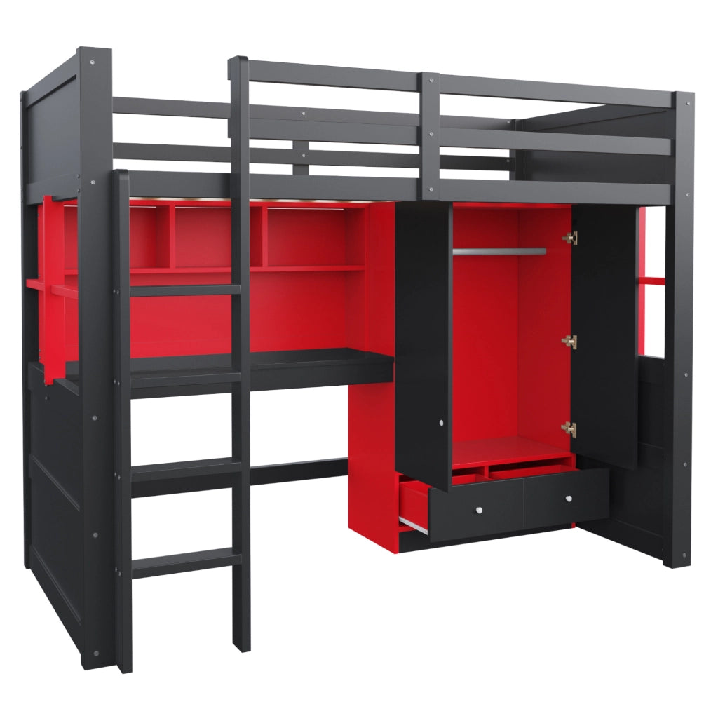 Letto a soppalco ULEVR 90x200 cm con scrivania, armadio, cassetti, LED e prese, nero e rosso