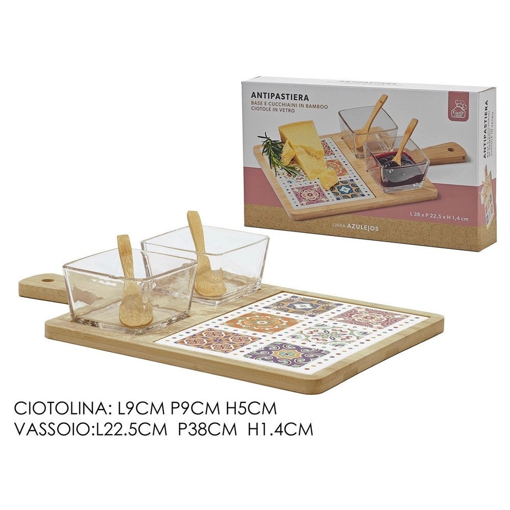 Trade Shop - Set Antipastiera Con 2 Ciotole In Vetro 2 Cucchiaini Base In Bamboo Con Decoro Maiolica -