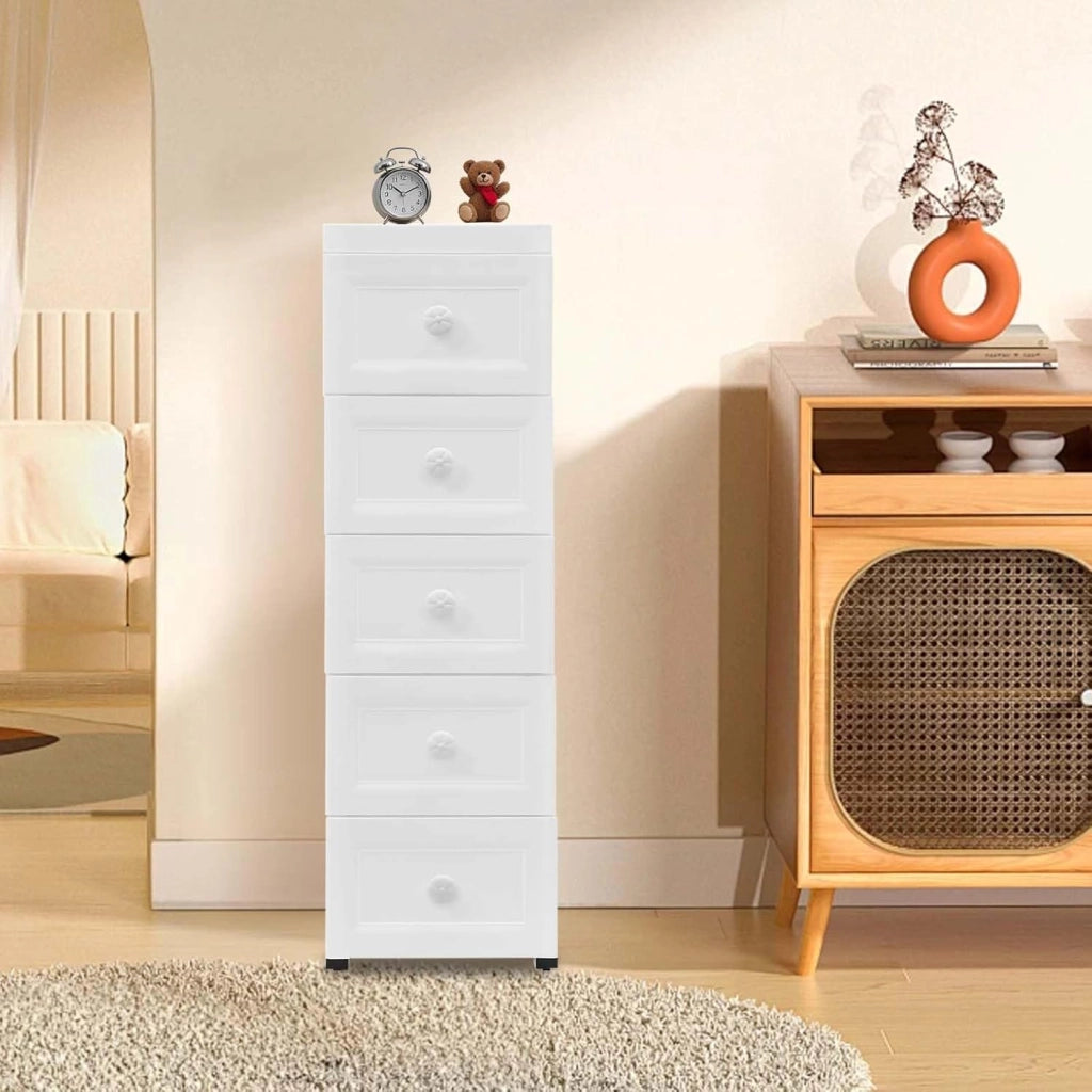 Carrello con cassetti Contenitore portaoggetti in plastica per bagno, carrello portaoggetti per uso domestico Armadietto multifunzionale con cinque cassetti, 82×34×25 cm, Bianco