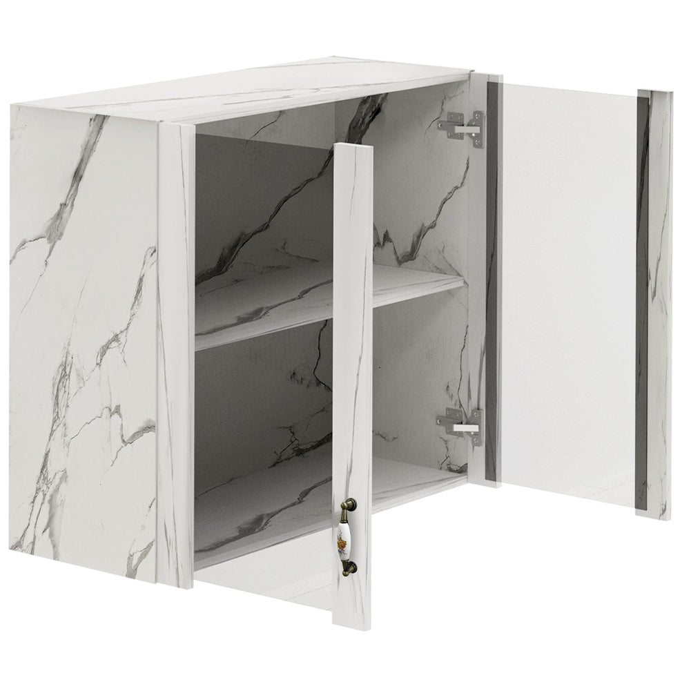 Pensile Cucina con Ante in Vetro 80x72x32 cm Bianco Effetto Marmo