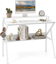 Scrivania Salvaspazio per Computer, Scrivania con Struttura Metallica, Supporto per Monitor, Gancio Pendente e Ripiano, Scrivania Versatile a Forma di R per Ufficio e Casa