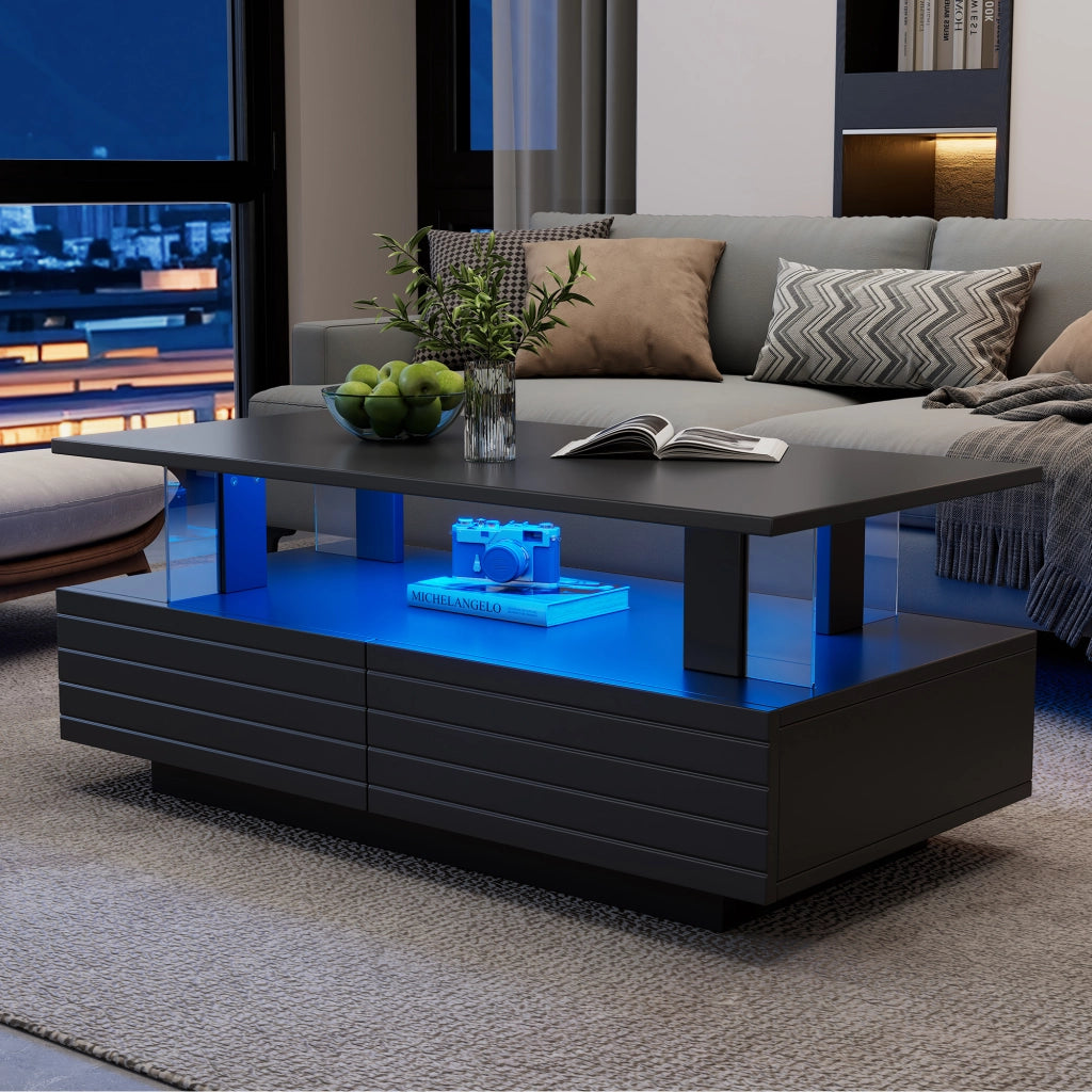 Tavolino da caffè LED nero in acrilico 100x50x42 cm con 2 cassetti