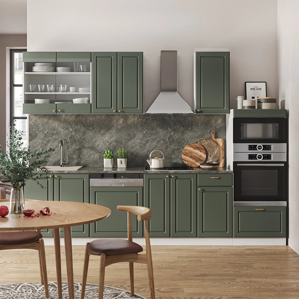Cucina componibile Fame-Line Verde-oro rustico/Bianco 300 cm con armadio alto, PL Antracite Vicco