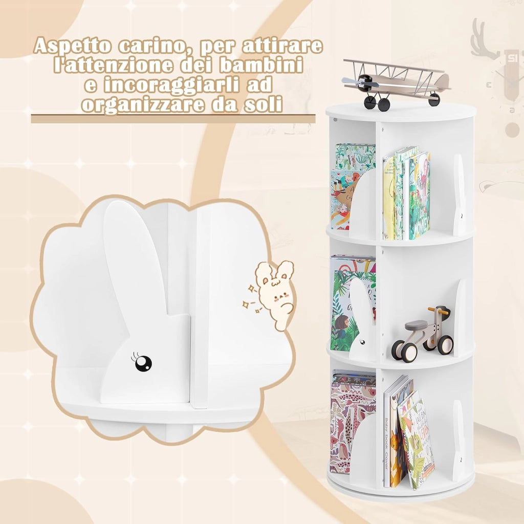 Libreria per Bambini Rotante, Libreria Girevole a 3 Livelli, Porta Libri per Soggiorno, Studio, Scaffale in Legno Autoportante