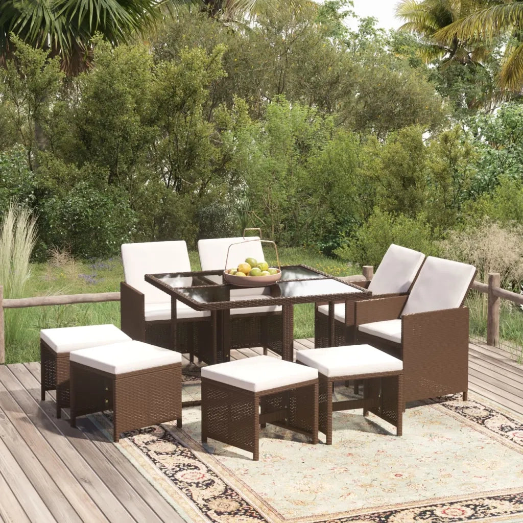 Set Divani da Giardino 9 pz con Cuscini in Polyrattan Marrone 3095514