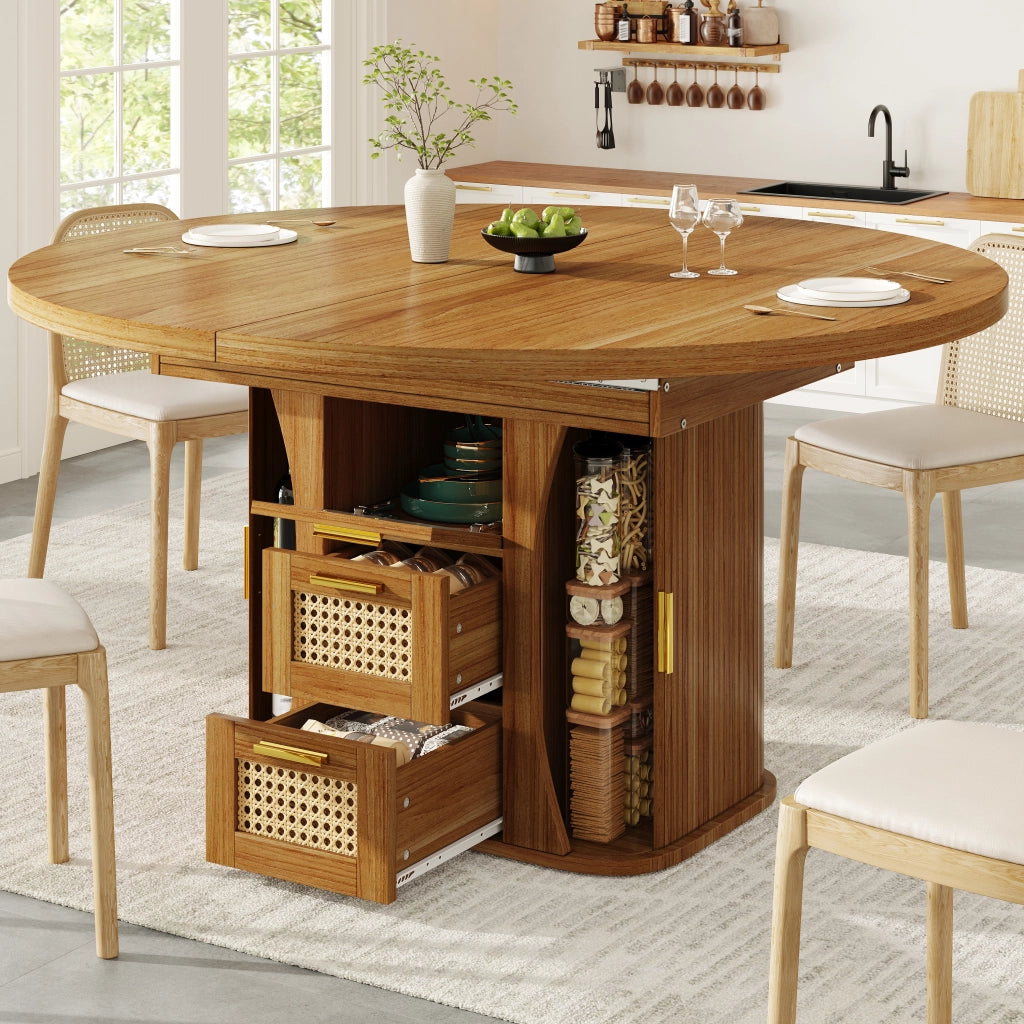 Tavolo da pranzo estensibile con contenitore e cassetti effetto rattan per sala da pranzo 118 × 118 × 77;1 cm