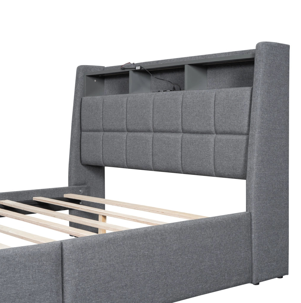 Letto matrimoniale 140x200 cm in lino e MDF grigio con luci LED APP; USB e 2 cassetti
