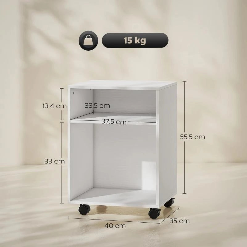 MOBILE PORTA STAMPANTE CON RUOTE E 2 RIPIANI APERTI IN LEGNO, 40X35X55.5 CM, BIANCO