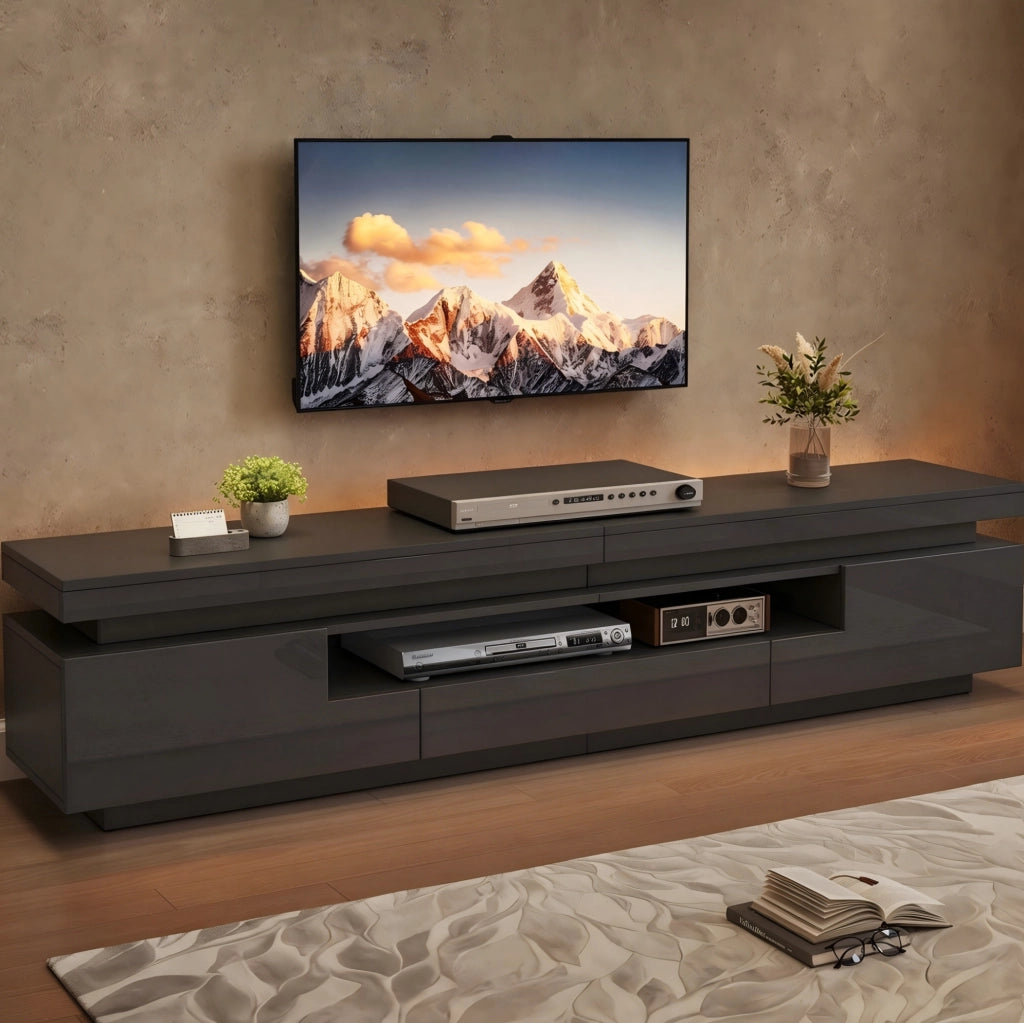 Mobile TV 175x38x45 cm con LED; 2 armadietti a L e 1 cassetto in truciolato nero