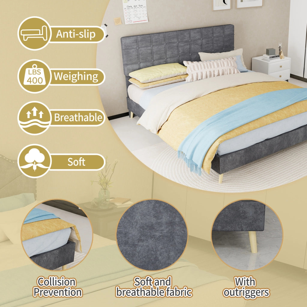 Letto 160 x 200 cm in tessuto grigio con testiera imbottita a quadri