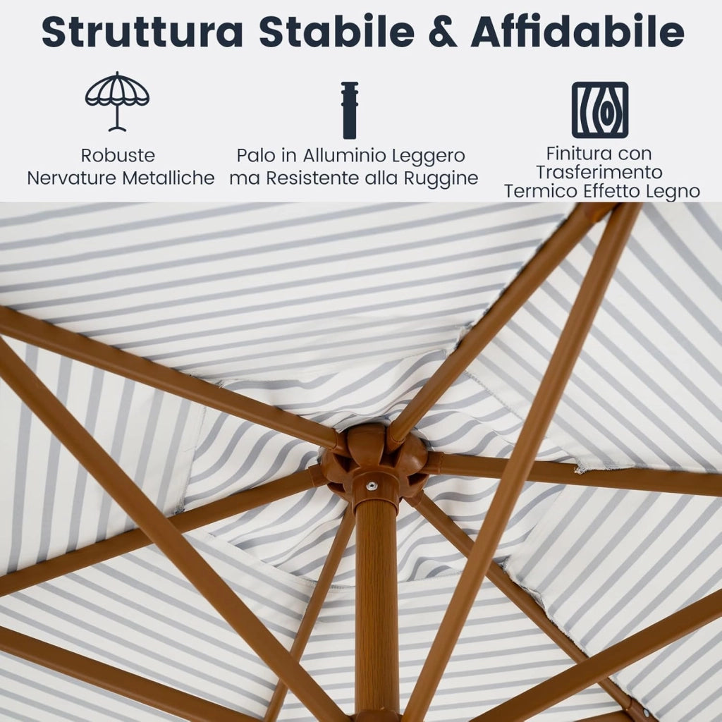 Ombrellone da Spiaggia 200 cm, 6 Stecche in Alluminio, Portatile con Decorazioni, Impermeabile Anti-UV, Antivento per Spiaggia Piscina Cortile (Bianco+Blu)