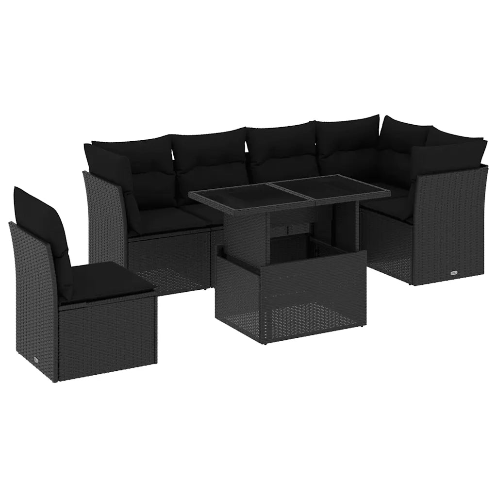 Set Divani da Giardino con Cuscini 7pz Nero Polyrattan