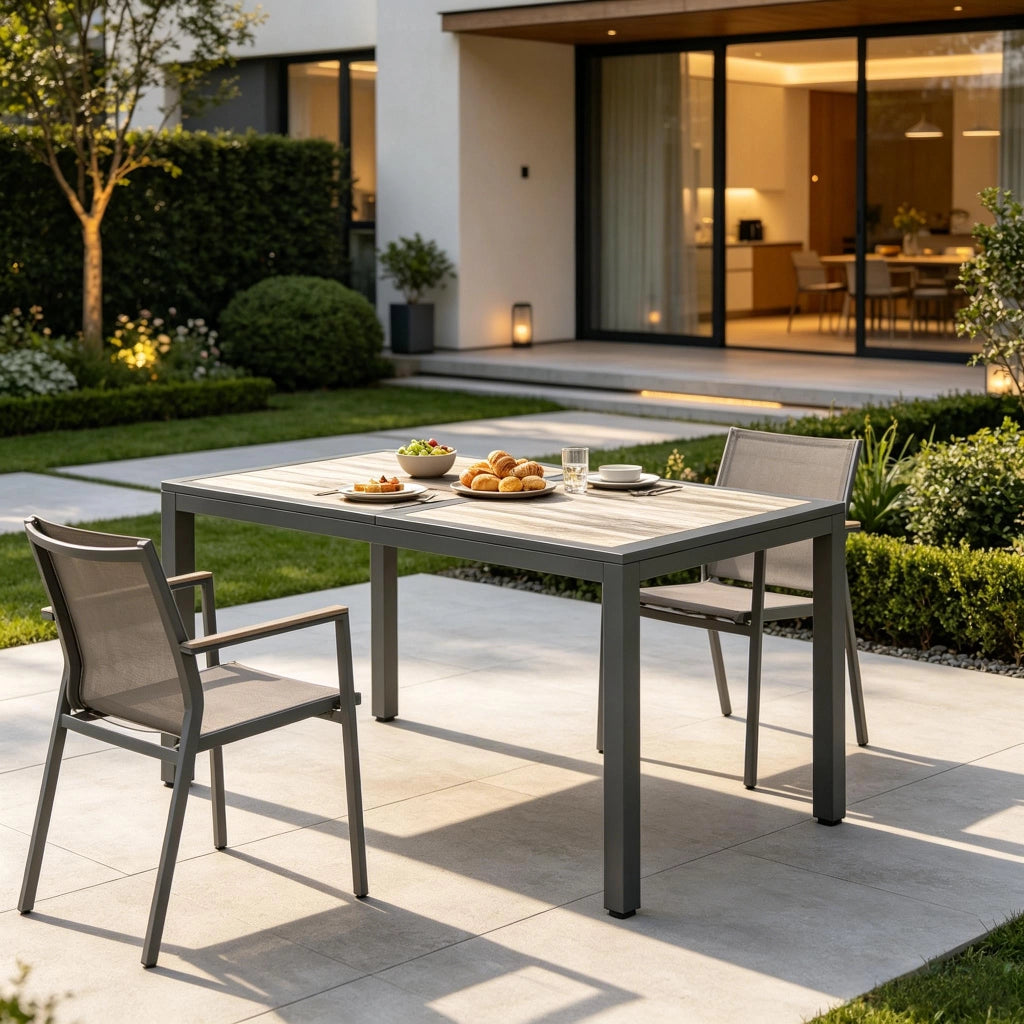 Tavolo da pranzo da esterno per 4-6 persone con piano in 2 parti e piedini regolabili; 140×80×72 cm; grigio scuro