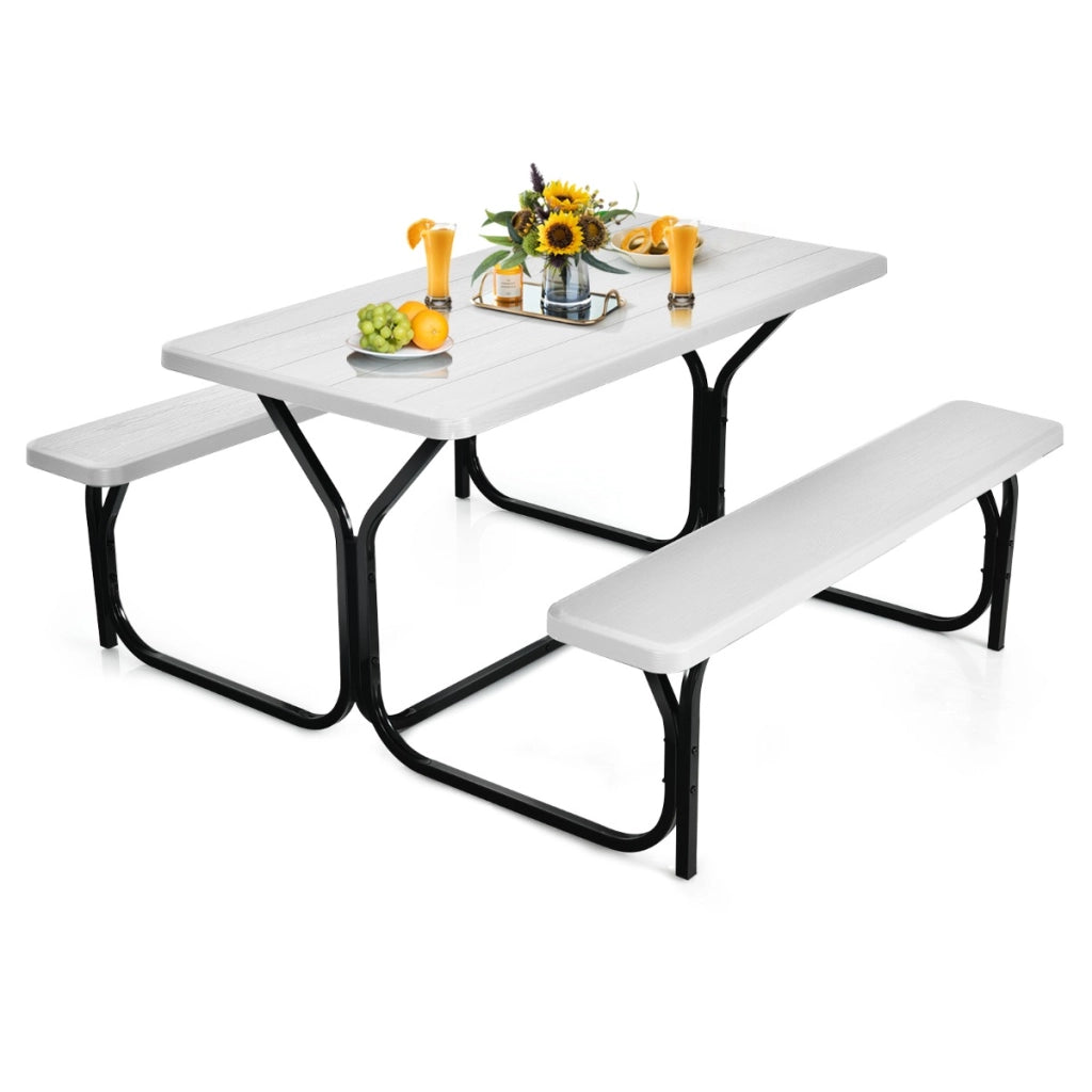 Set tavolo panca da picnic con telaio in metallo, Set da campeggio resistente alle intemperie 137x150x72cm Bianco-Tavoli e sedie da campeggio