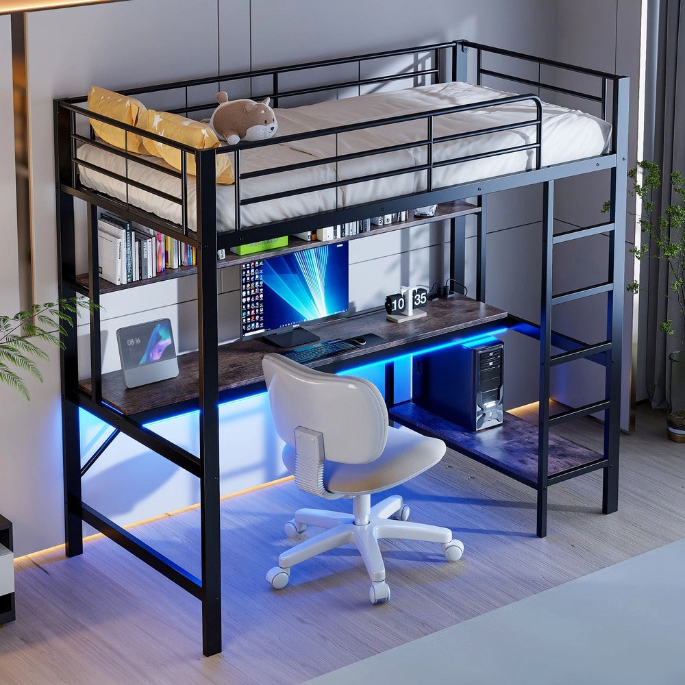Letto a Soppalco con Scrivania e LED ¨C MINIMAL ¨C Metallo Nero 90x200