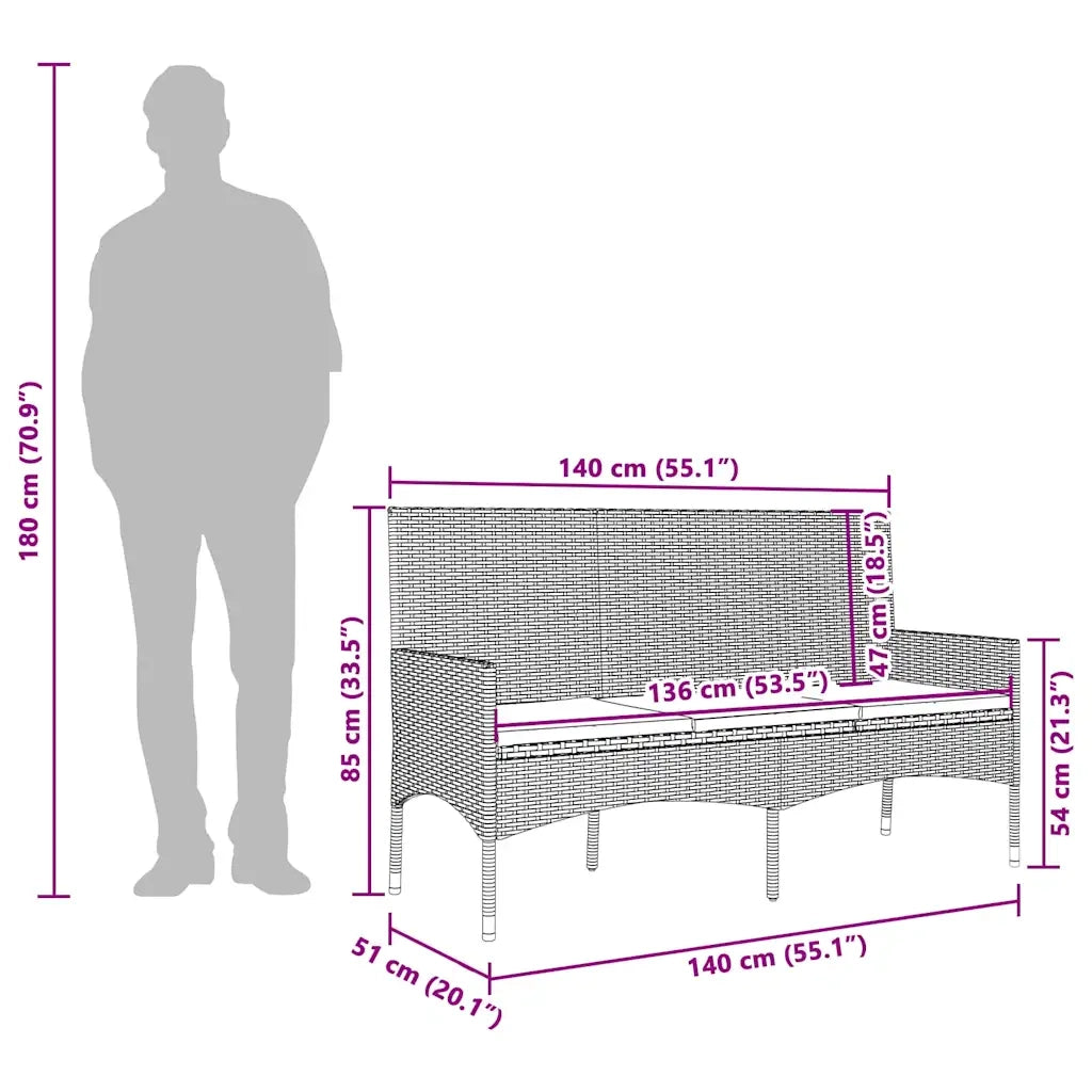 Panca da Giardino a 3 Posti con Cuscini in Polyrattan Nero