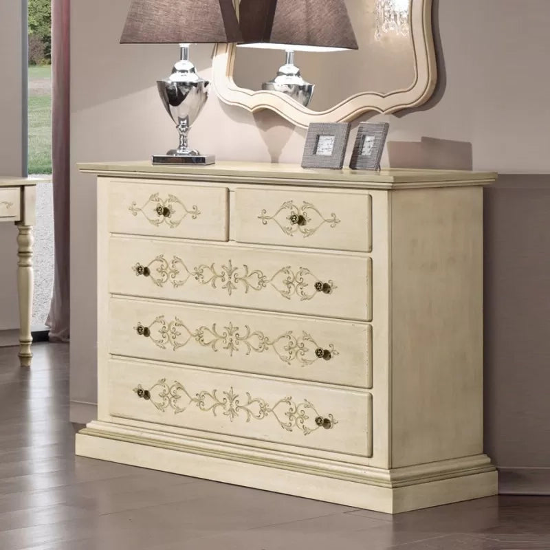 Cassettiera 5 cassetti legno shabby avorio anticato decorato filo verde 125x51x98 (1470) - Mobili 2G