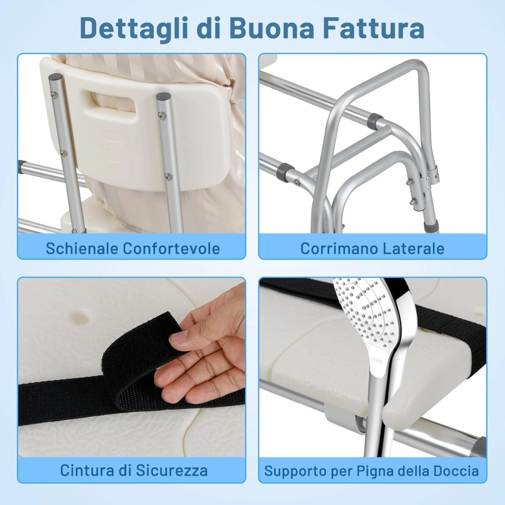 Sedia per Doccia Anziani con Posizione e Altezza Regolabili 105 x 49 x 85-95 cm, Sgabello per Vasca da Bagno con Schienale, Braccioli e Cintura di Sicurezza per Donne Incinte (Modello 1)