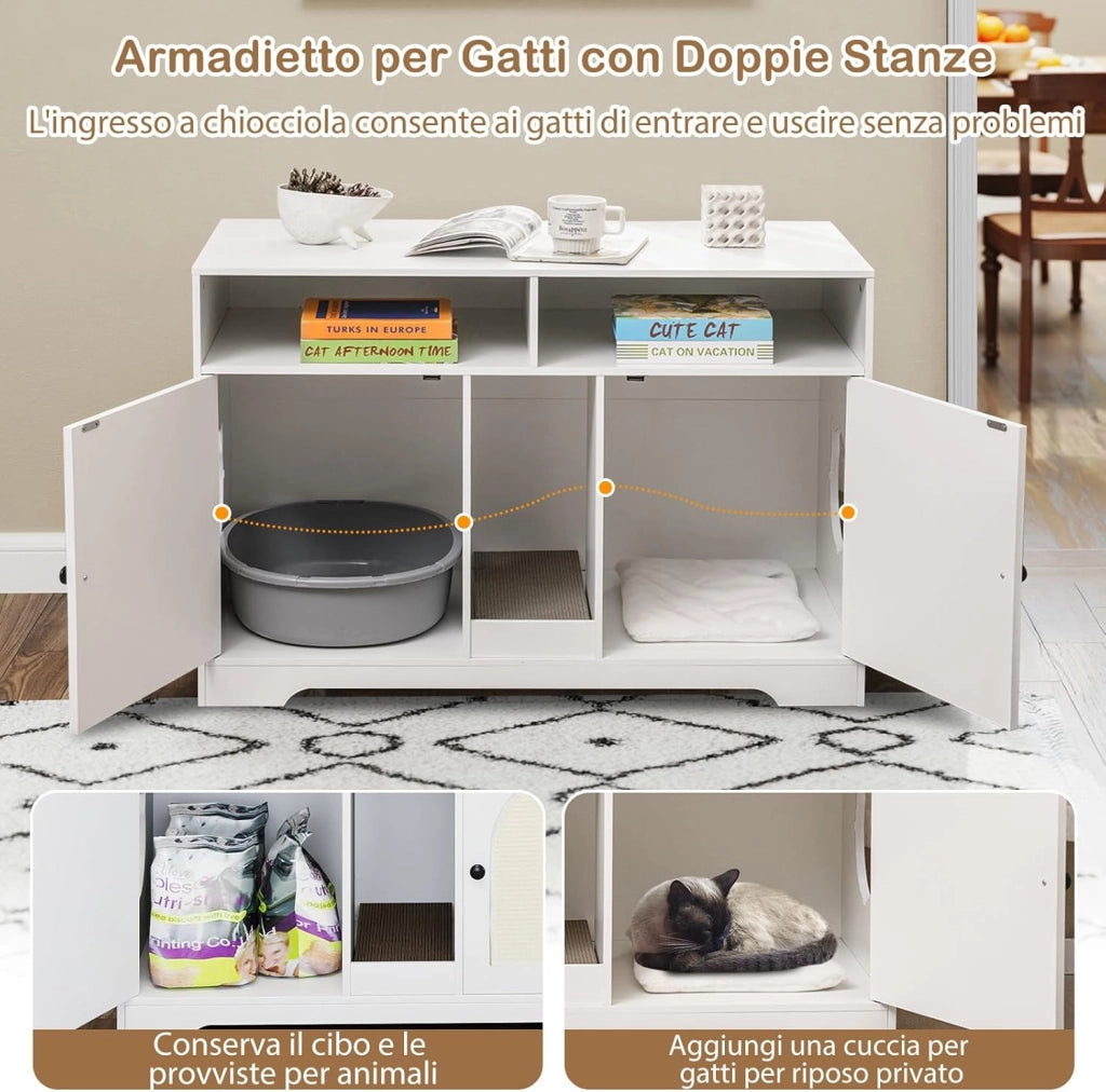 Mobile per Lettiera per Gatti, Cassetta per Gattini con Ripostiglio, Doppie Stanze, Tavola da Graffiare e 2 Tappetini in Sisal, Cuccia per Gatti da Interno, 76 x 53 x 74 cm