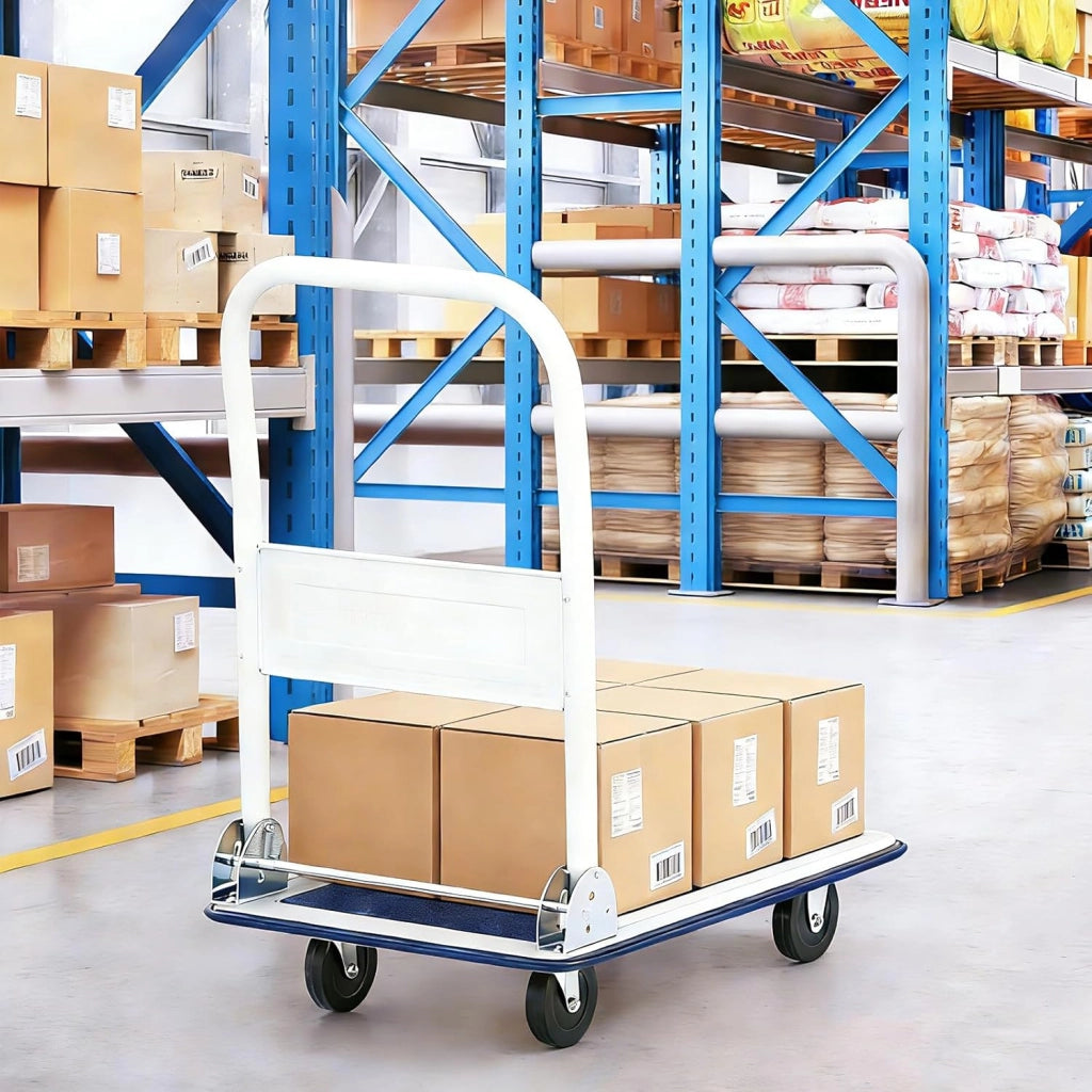 Carrello Pieghevole con Ruote, Carrello a Piattaforma da Transporto, Capacità 150 KG, con Piattaforma Antiscivolo, per Trasporto, Movimentazione, Demenagement, 73 X 48 X 83 CM (Blu+Bianco)