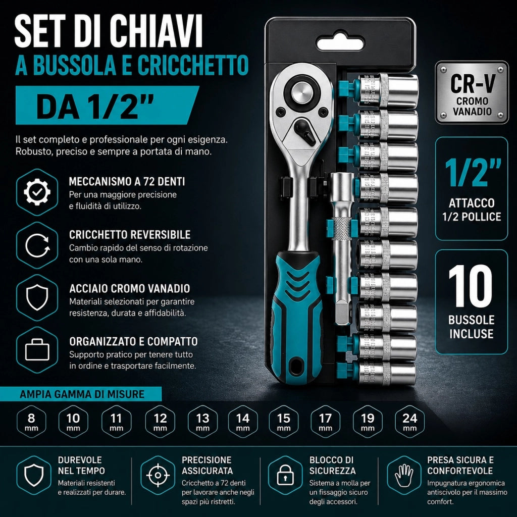 Set 12 Chiavi a Bussola 1/2" con Cricchetto e Prolunga 125 mm VHT02527