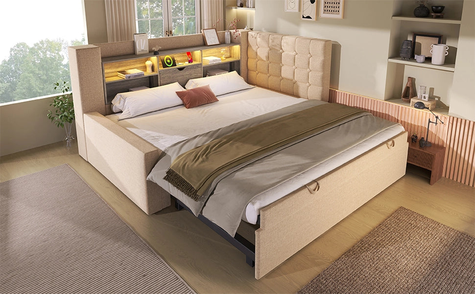 LETTO CONTENITORE 90x200 cm Beige in lino con LED e letto estraibile