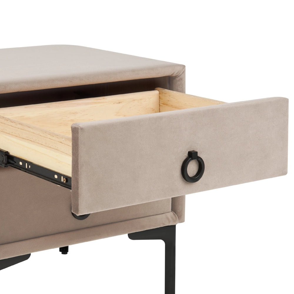 Comodino Velluto Grigio Tortora Gambe in Metallo Nero con 2 Cassetti Contenitori 44x 38 cm Comodino