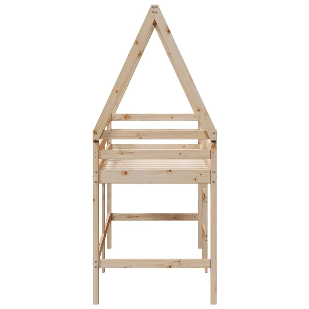 Letto Soppalco con Scala e Tetto 90x190 cm Legno Massello Pino