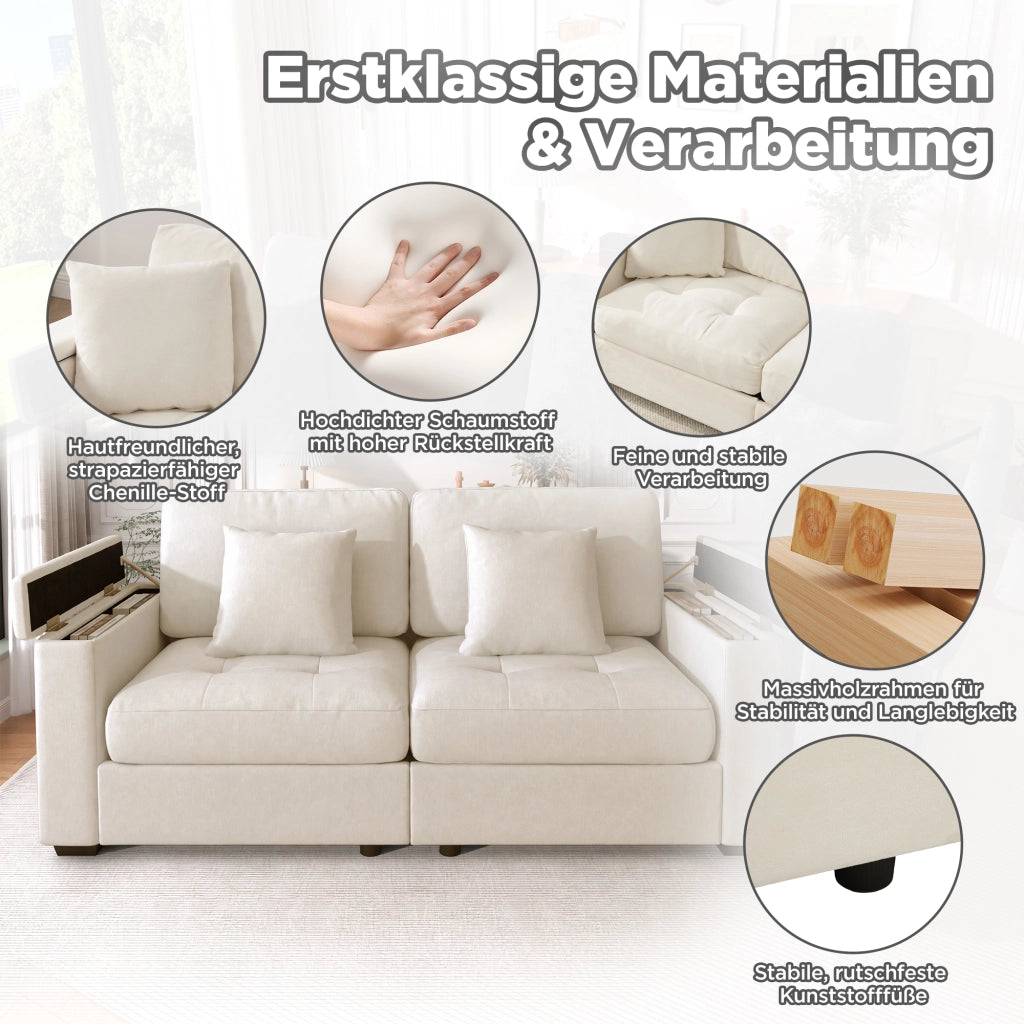 Divano a 2 posti con vano portaoggetti nei braccioli e tasche laterali in ciniglia beige con cuscini per piccoli ambienti