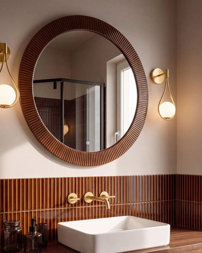 Specchio LED da Parete Rotondo Moderno 80 x 80 cm Marrone per Bagno, Camera da Letto e Trucco Stile Contemporaneo