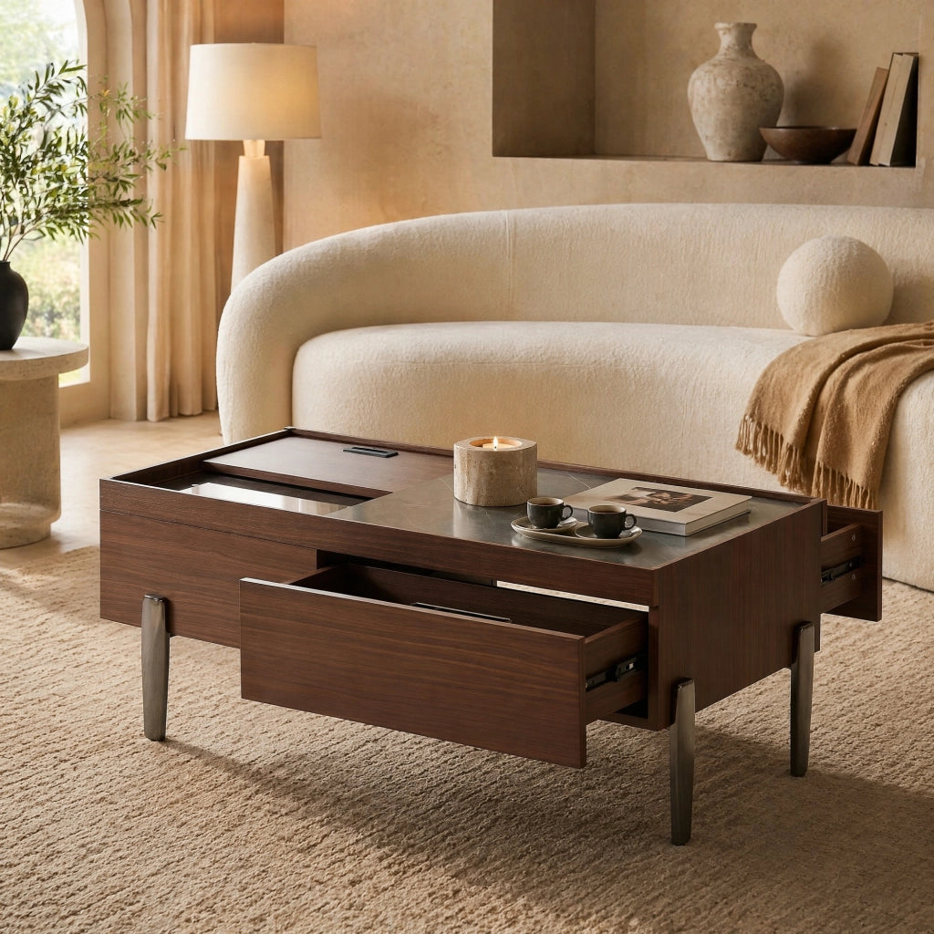 TAVOLINO DA SALOTTO 105x50x41,5 cm MDF Marrone Scuro con Piano in Vetro