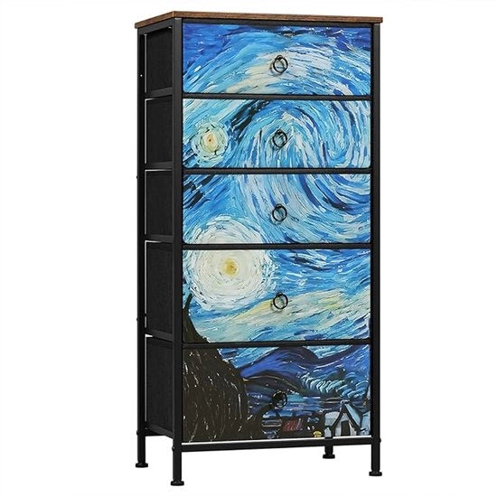 Commode con 5 cassetti in stoffa – Cassettoni rustici con motivo stellato per soggiorno e camera da letto